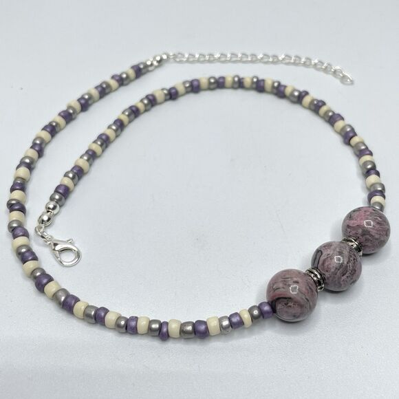 Artisan Purple Gray Jasper Gemstone Seed Bead Necklace Earrings Set Silver Tone - Picture 3 of 6